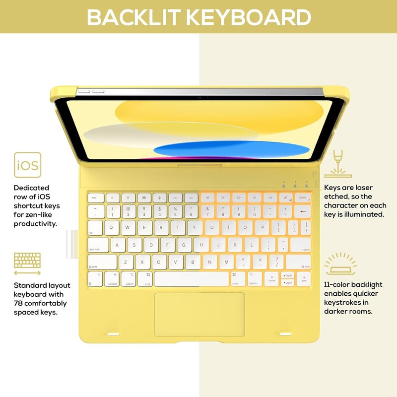 typecase حافظة آيباد 11 الجيل العاشر مع لوحة مفاتيح (11" 2025، A16 و 10.9" 2022) – قابلة للدوران 360°، إضاءة خلفية بـ 11 لون، لوحة تتبع متعددة اللمس، حامل قلم، رقيقة وخفيفة – صفراء - Image 3